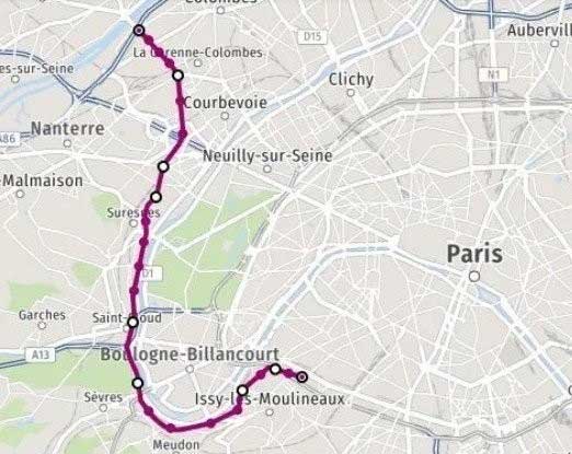 Route tramlijn T2 in Parijs