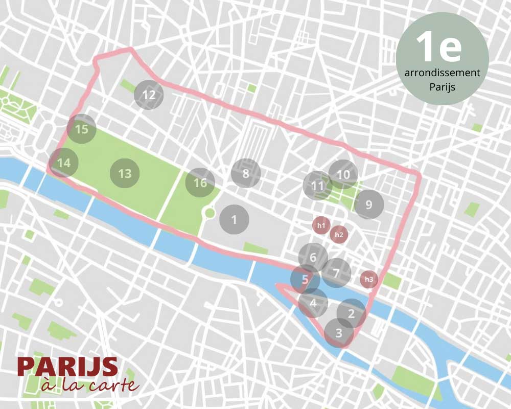 Kaart van het 1e arrondissement in Parijs met alle bezienswaardigheden en enkele hotels