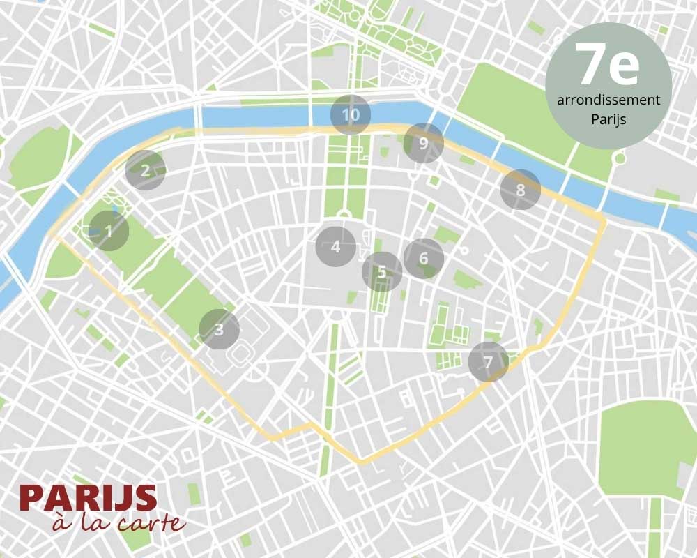 Kaartje met bezienswaardigheden in het 7e arrondissement van Parijs