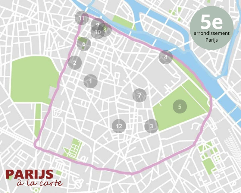 Kaart met bezienswaardigheden van het 5e arrondissement in Parijs