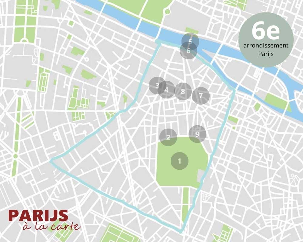 Kaart met bezienswaardigheden in het 6e arrondissement van Parijs