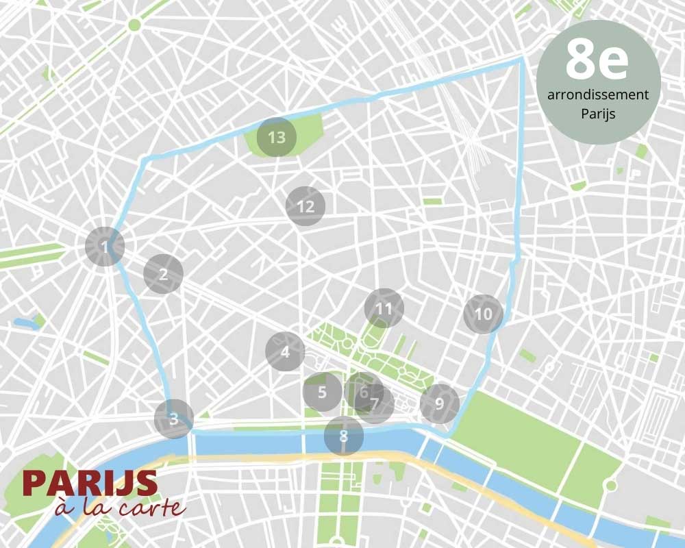 8e arrondissement Parijs, kaartje met bezienswaardigheden
