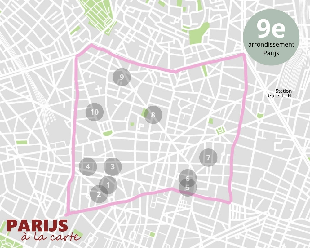 Kaart met bezienswaardigheden in het 9e arrondissement van Parijs