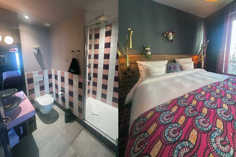 Foto van badkamer en bed in hotel 25Hours Terminus Nord in Parijs, lees mijn blog met mijn ervaring